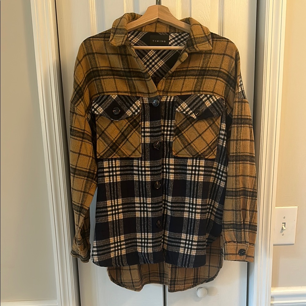 Plaid Button-Up Shacket- Navy and Brown